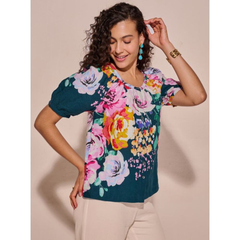Sundance Floral Linen Puff Sleeve Button Front Top Size XXL